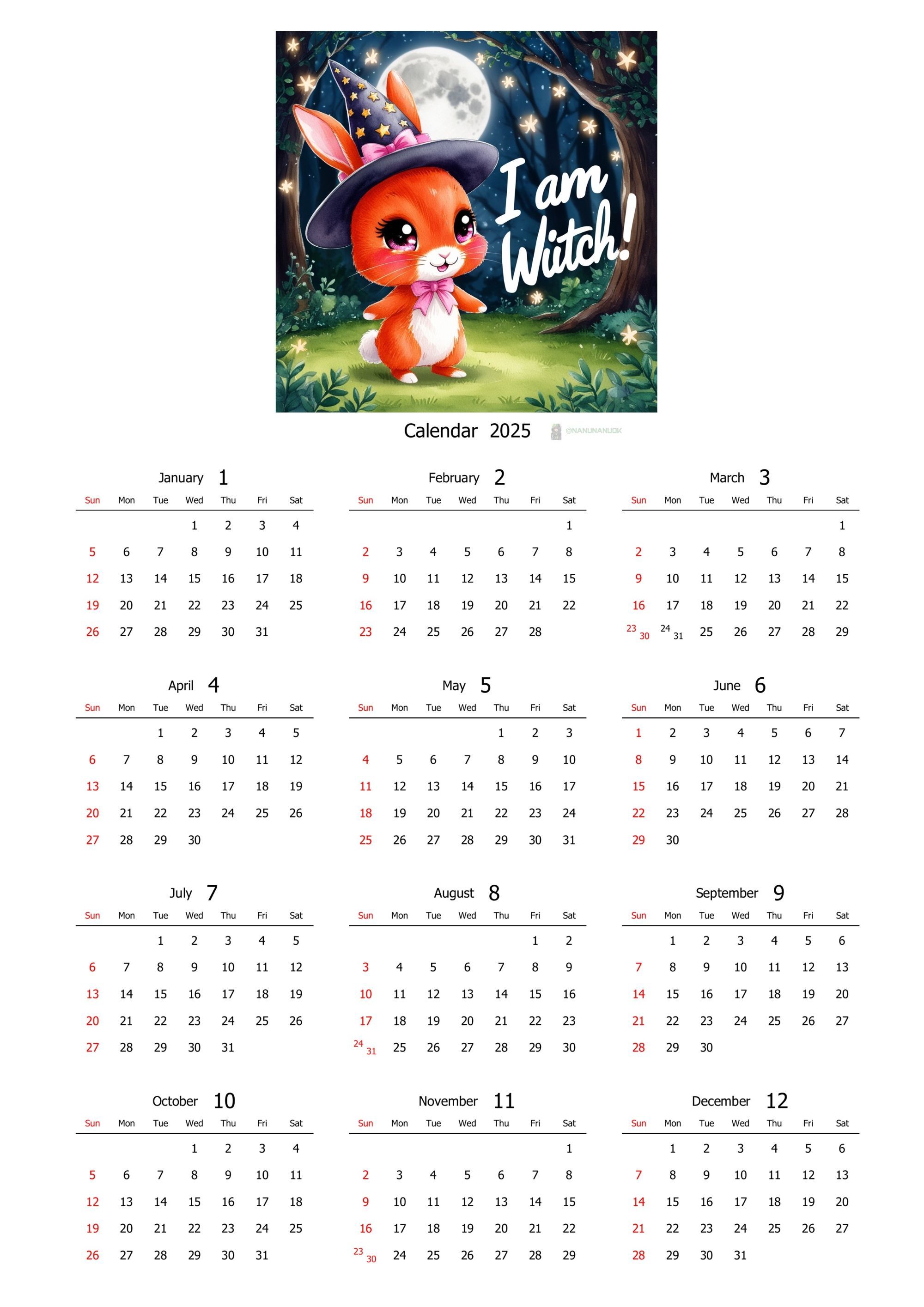 Calendario 2025 Brujita conejo