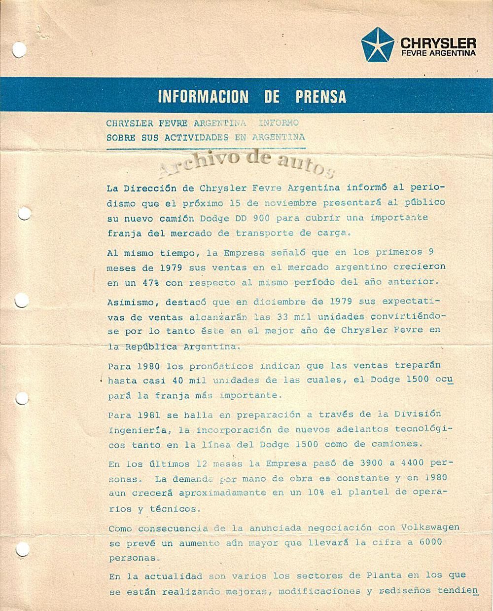 Gacetilla de prensa de la venta de Chrysler Fevre Argentina